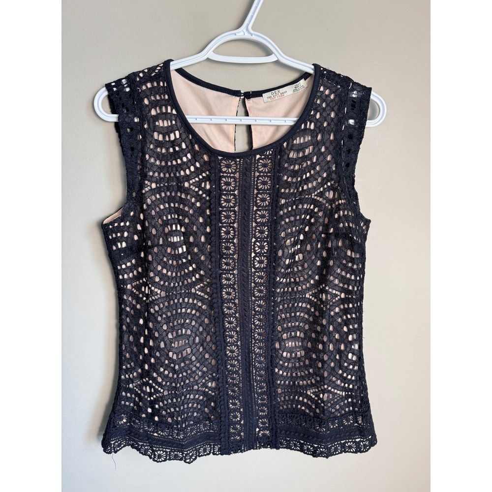 Dex Womens Navy Blue Lace Crochet Sleeveless Top S Chic Office Classic Lace
